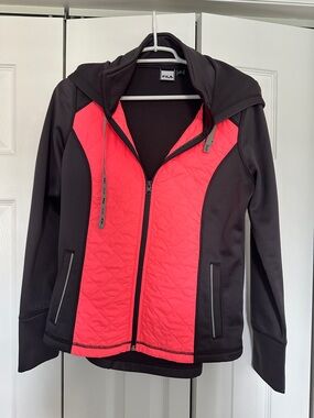 Fila Sport Women’s Black & Pink Quilted Zip-Up Hooded Jacket